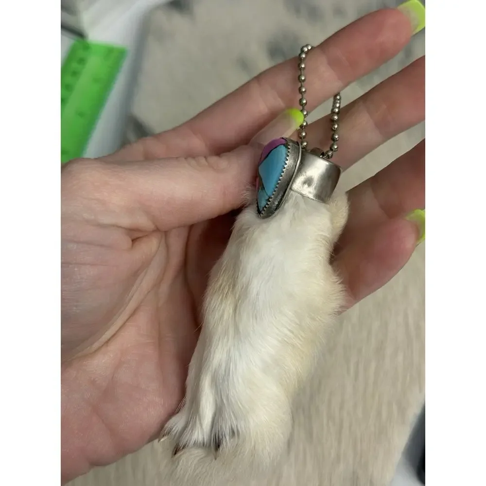 Sterling Silver Pink Blue Cotton Candy Bezel Rabbits Foot Keychain Pendant 925